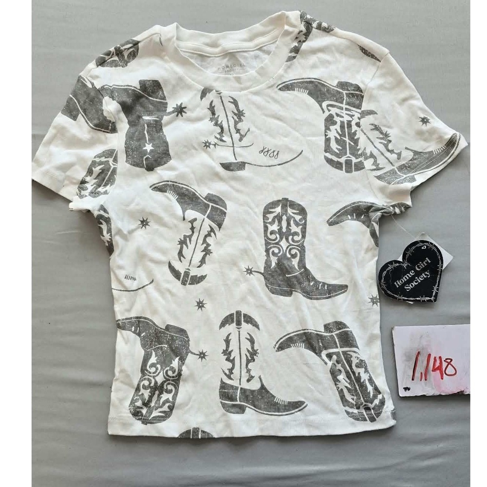 Home Girl Society Cowboy Boot Print Baby Tee White Grey XS Western Cowgirl
